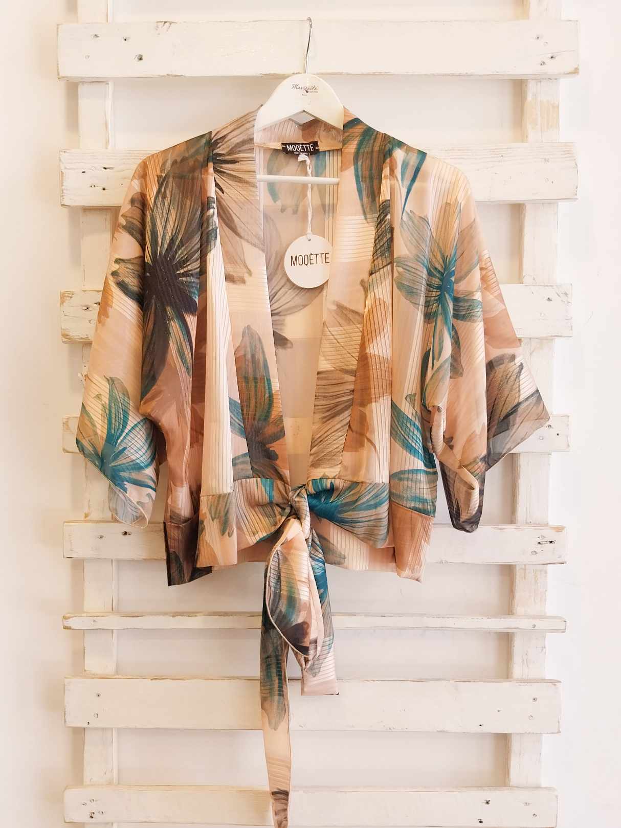 CAMICETTA KIMONO CON FUSCIACCA - FIORI COBALTO