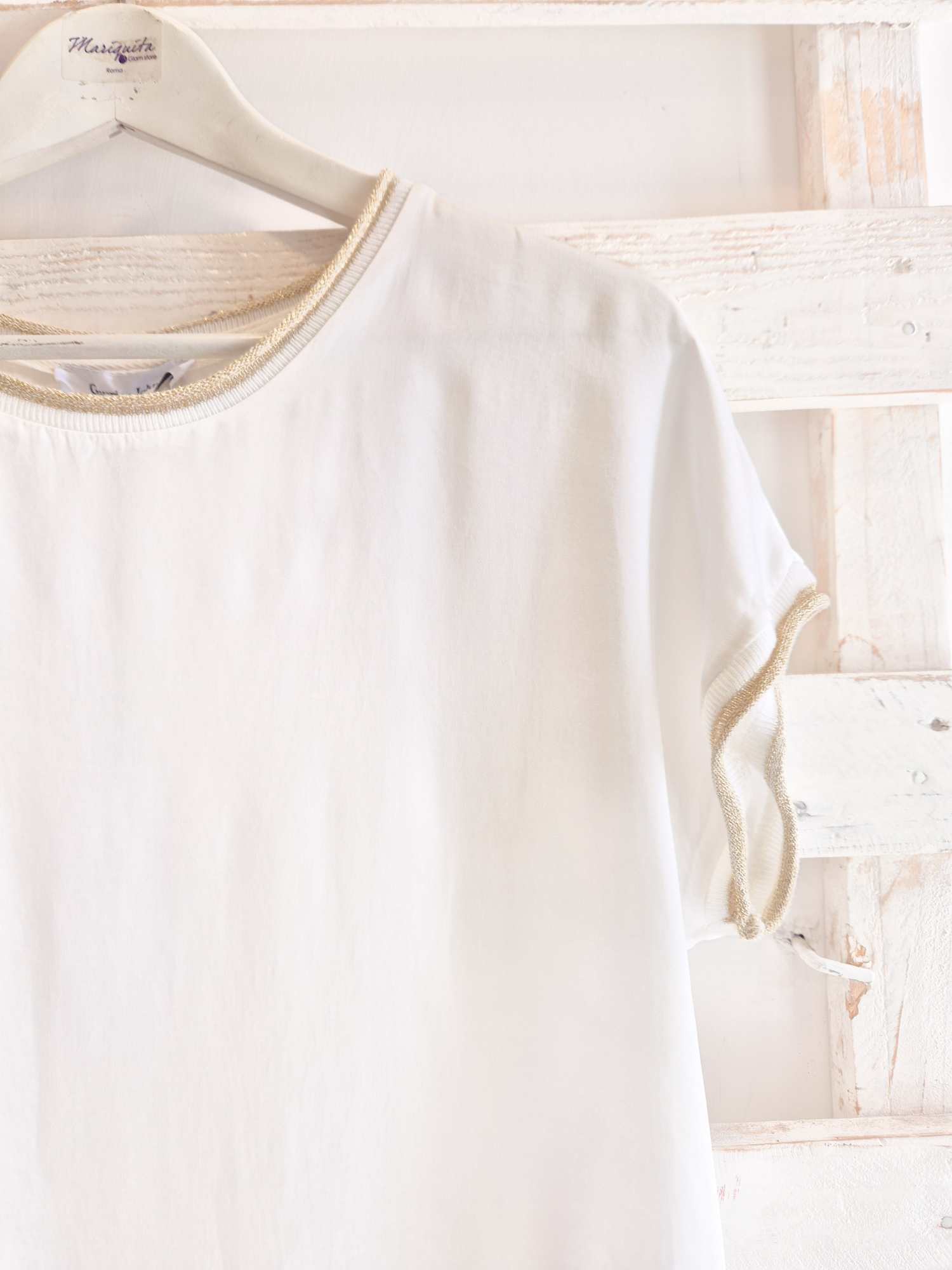 T-SHIRT COLLO LUREX - Bianco