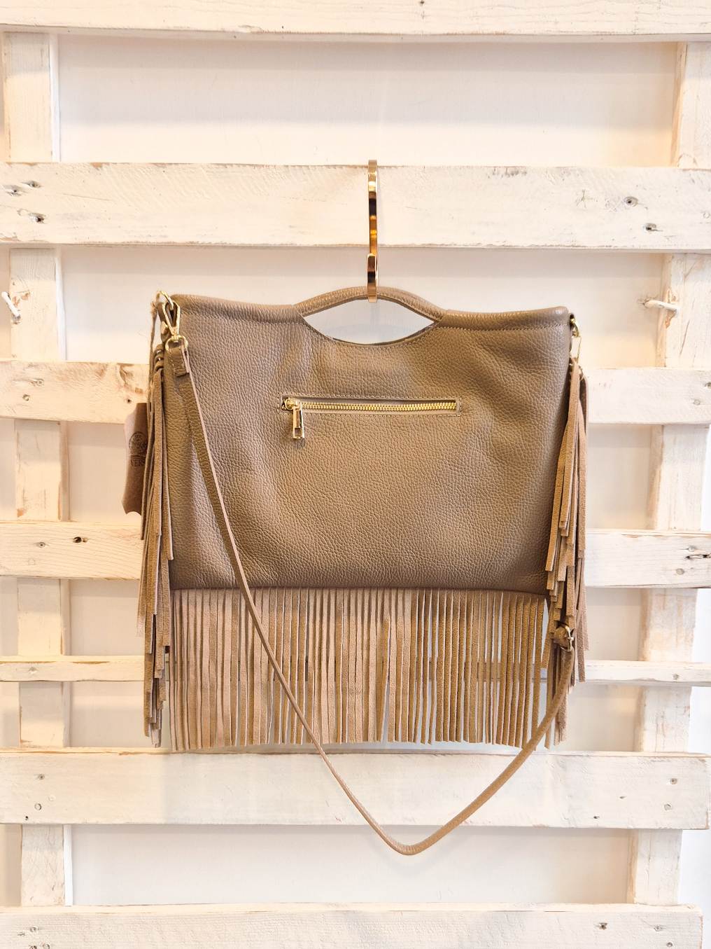 Borsa frange Vera Pelle - Taupe