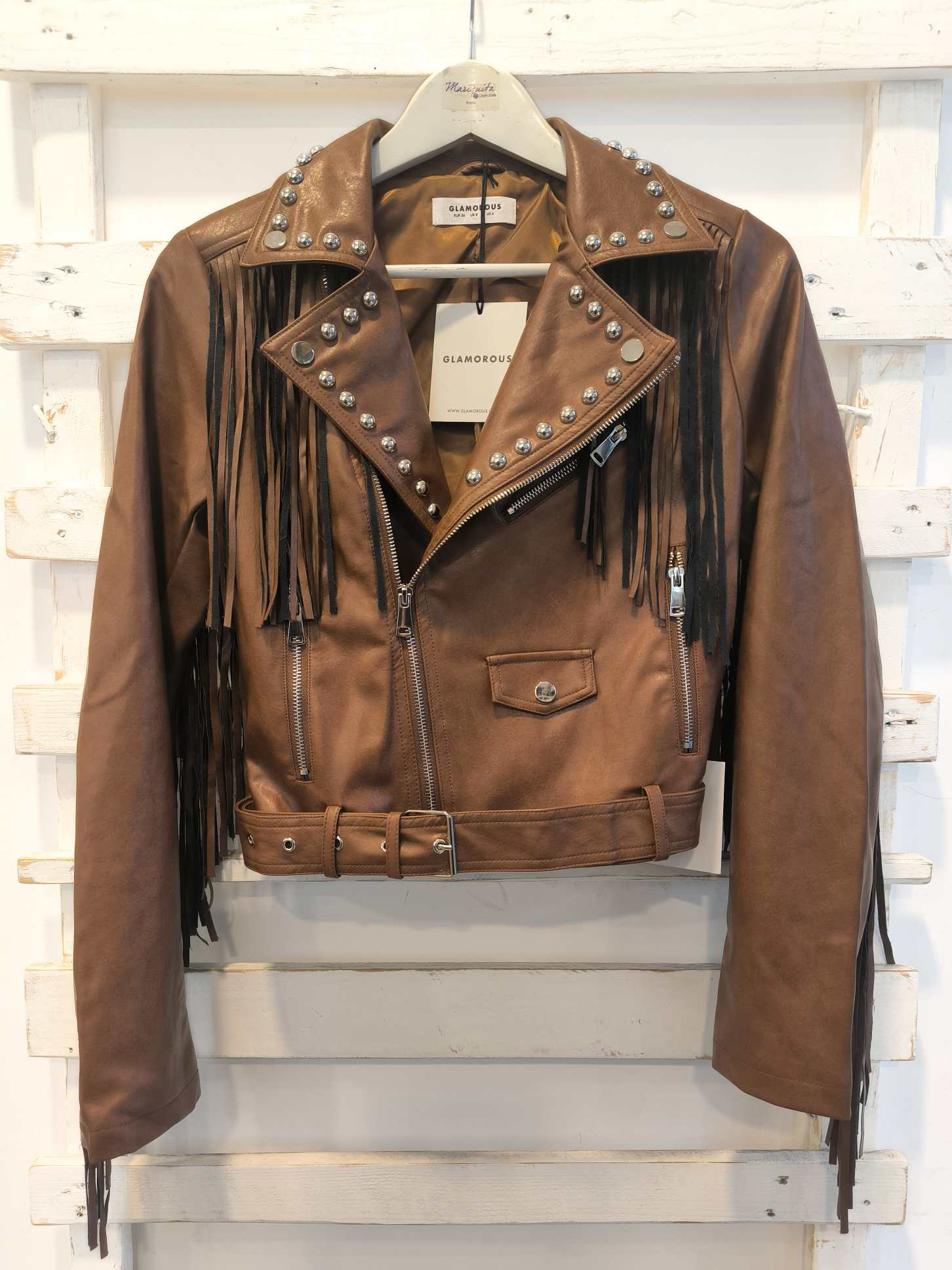 GIACCA ECOPELLE FRANGE - Castagna