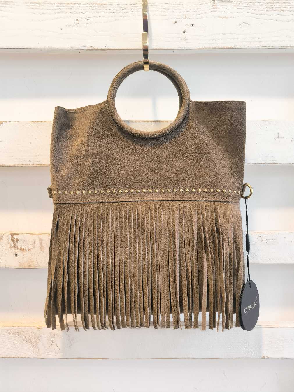 SACCO IN CAMOSCIO FRANGE - Taupe