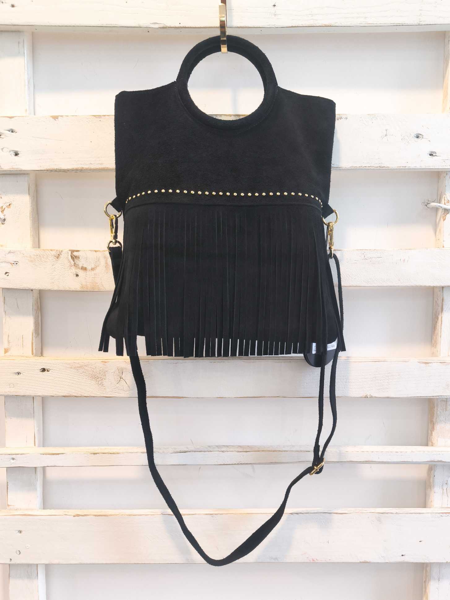 SACCO IN CAMOSCIO FRANGE - nero