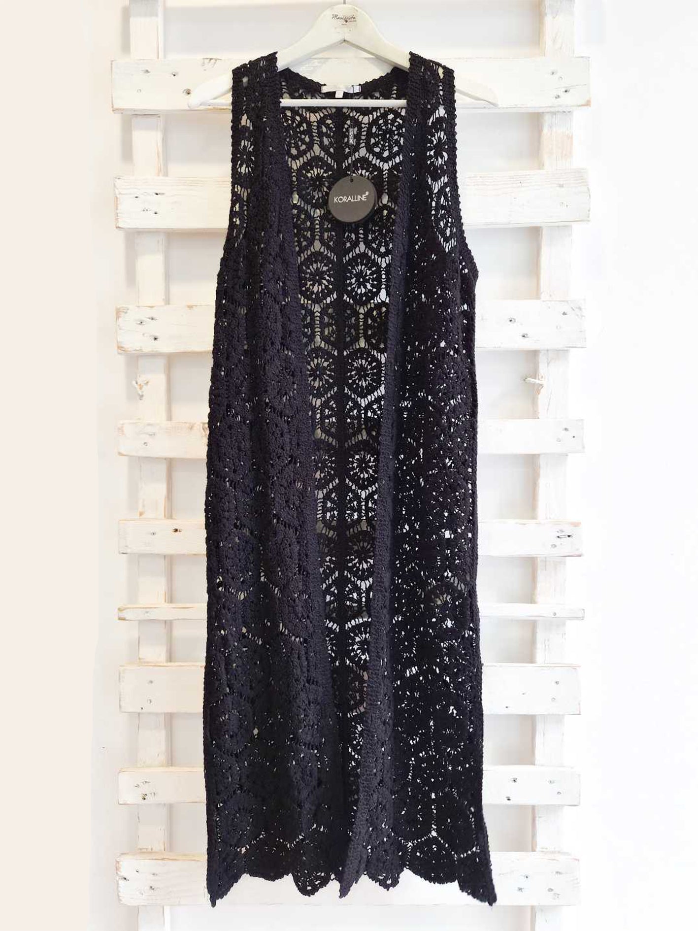 GILET LUNGO CROCHET - nero